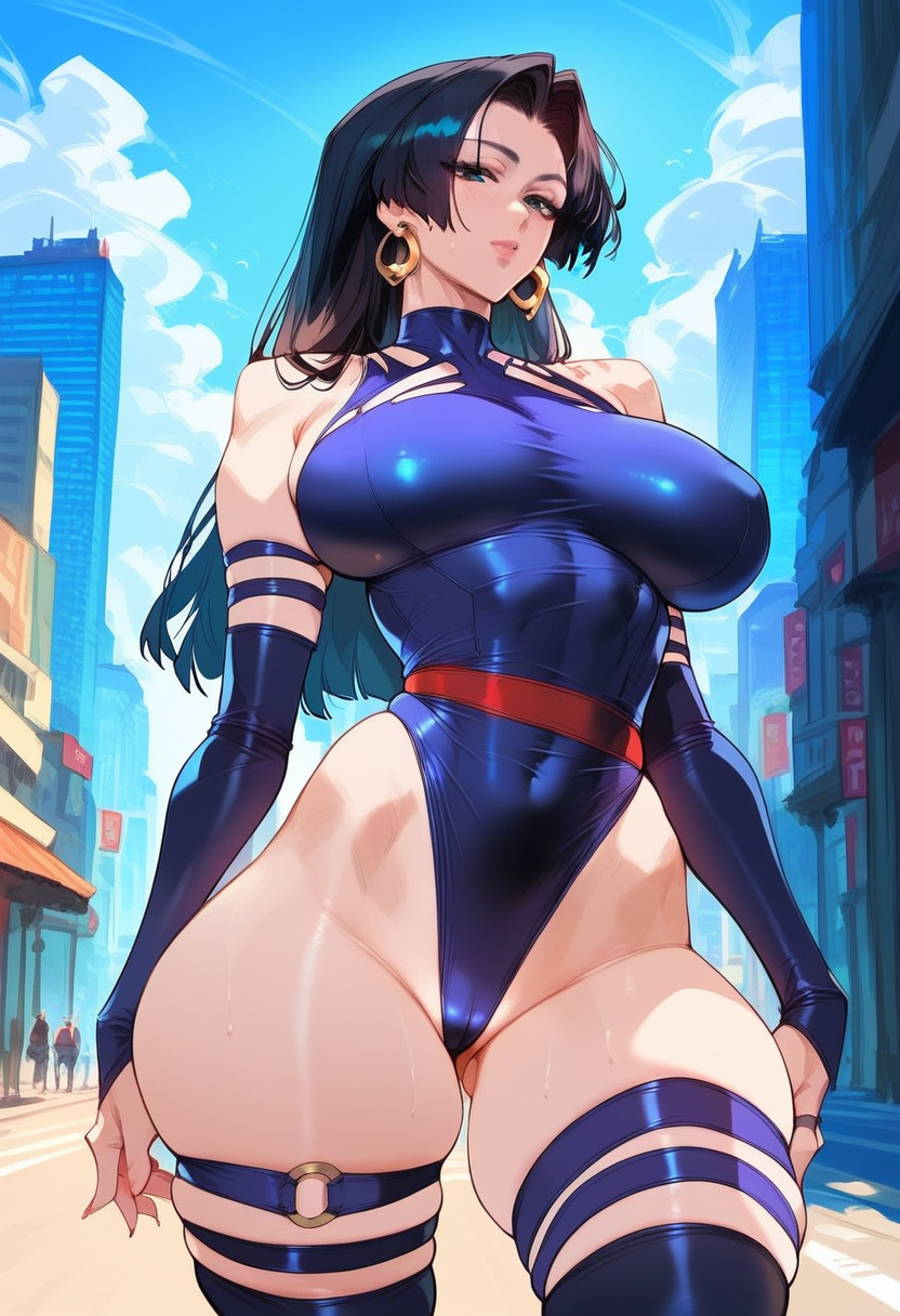 2d ai_generated big_breasts black_hair elbow_gloves female female_focus female_only leotard long_hair marvel marvel_rivals psylocke psylocke_(marvel_rivals) solo solo_female solo_focus tagme thighhighs wide_hips