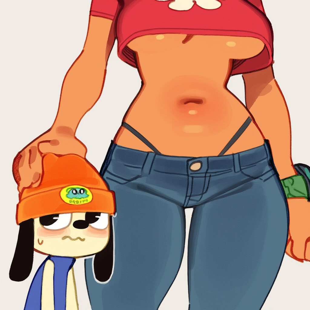 1boy 1girls ai_generated anthro beanie beanie_hat breasts canine canine_humanoid cleavage closed_eyes female female_focus furry lamb lammy_lamb large_breasts male orange_fur parappa parappa_the_rapper praying red_hair sheep sheep_girl sony sony_corporation sony_interactive_entertainment thong um_jammer_lammy underboob