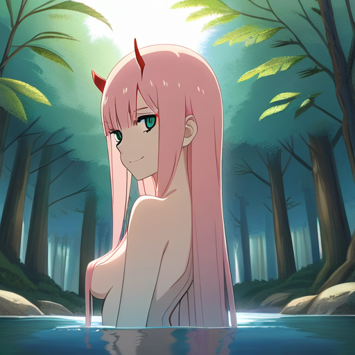 1girl bangs breasts censored convenient_censoring forest green_eyes horns long_hair looking_at_viewer medium_breasts nature nude outdoors parted_lips partially_submerged pink_hair red_horns solo straight_hair tree water zero_two_(darling_in_the_franxx)