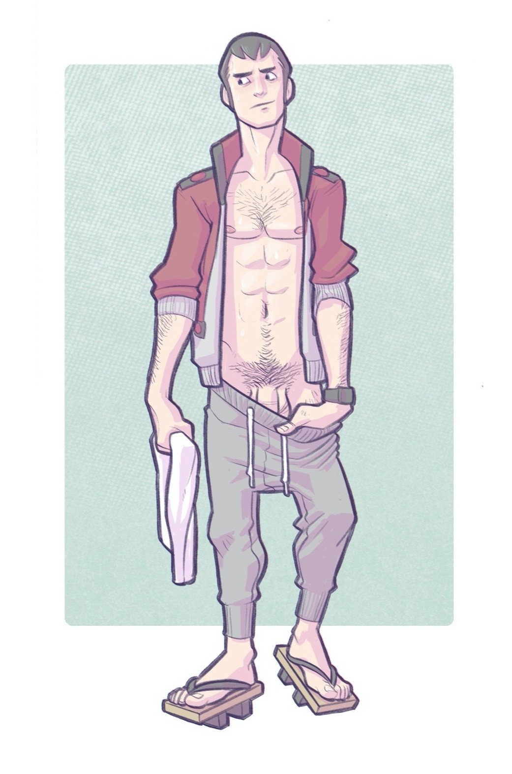 1boy, chest hair, feet, flaccid, frogsnail, game freak, geta, hand in pants, jacket open, male, male only, nintendo, nipples, norman (pokemon), partially clothed, penis, penis peek, pokemon, pokemon rse, pubic hair, sweatpants, tagme, towel