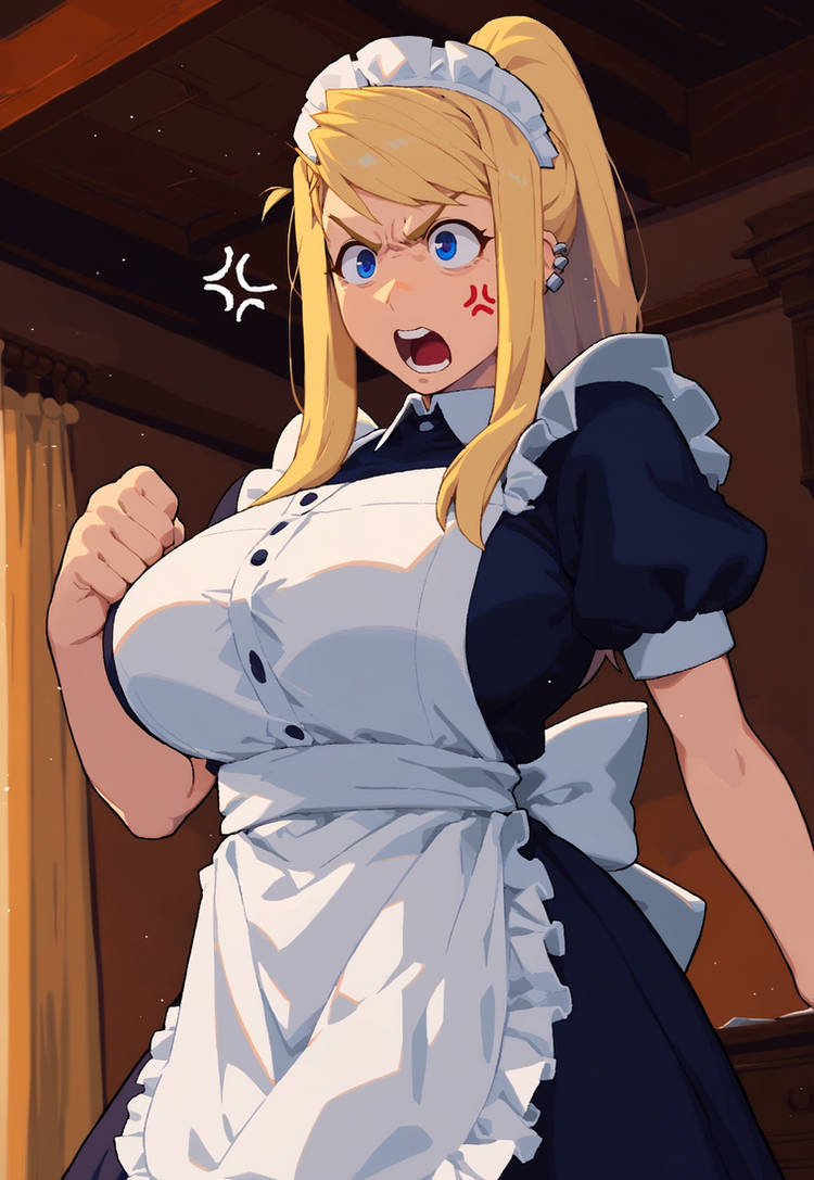 ai_generated anger_vein angry angry_face angry_sex anime big_breasts blonde_hair blonde_hair_female blue_eyes busty civitai curvy curvy_body curvy_female curvy_figure detailed_background deviantart earrings fullmetal_alchemist fullmetal_alchemist_brotherhood furious gloves hands_on_thighs hourglass_figure huge_breasts long_hair looking_at_viewer maid maid_apron maid_headdress maid_outfit maid_uniform ponytail thick_thighs thunder_thighs thunderthighs winry_rockbell