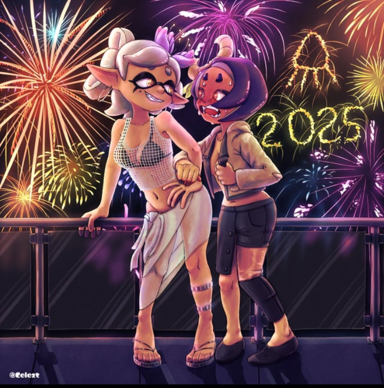 2025 2girls blush bra cleavage female/female female_only fireworks happy_new_year marie_(splatoon) new_year shiver_(splatoon) sideboob splatoon yuri