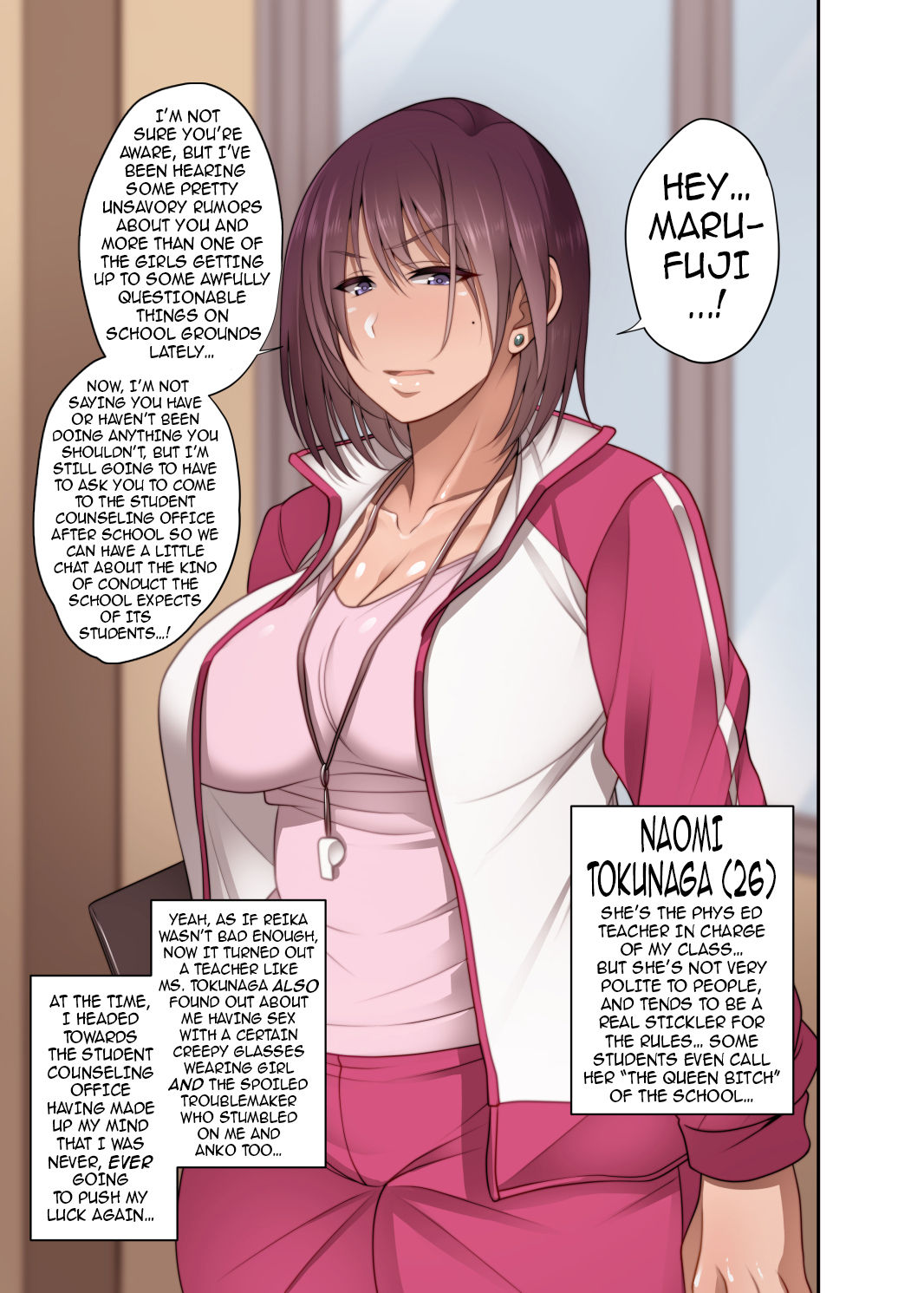 1girls before_sex blue_eyes blush brown_hair coach dialogue doujinshi earrings female female_focus korotsuke large_breasts maroon_hair naomi_(korotsuke) naomi_(the_creepy_glasses_girl) naomi_tokunaga naomi_tokunaga_(korotsuke) original_character page_1 piercing short_hair teacher text textless the_creepy_glasses_girl track_jacket track_pants track_suit