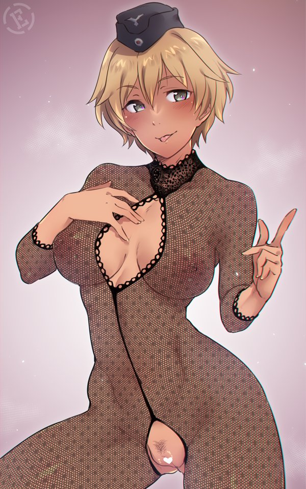 blonde_hair blush brave_witches breasts breasts_apart brown_eyes censored censored_pussy cleavage cleavage_cutout crotchless em_(totsuzen_no_hakike) female fishnet_bodysuit hat heart_censor large_breasts military_hat nipples no_bra no_panties pussy pussy_cutout short_hair simple_background smile solo tongue tongue_out waltrud_krupinski world_witches_series