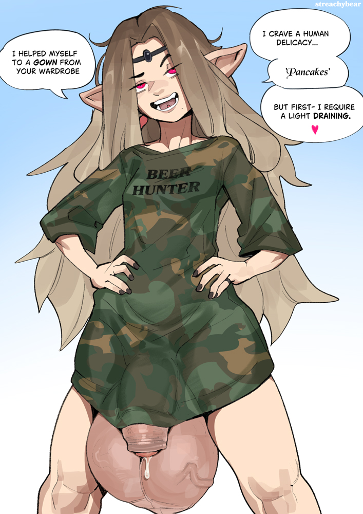 1futa, 2d, 2d (artwork), balls, balls bigger than penis, ballsack, bedroom eyes, big balls, big ears, big testicles, bottomless, bottomless futa, brown hair, clothing, cock, cum, cum drip, cum dripping, cum dripping from penis, dialogue, dick, dickgirl, dickgirl only, elf, elf ears, elf futa, elf girl, english, english dialogue, english text, flaccid, flaccid penis, foreskin, futa only, futanari, genitals, hi res, highres, huge balls, huge testicles, intersex, intersex only, large balls, large testicles, light skin, light-skinned futa, long ears, long hair, original, oversized balls, penis, pointy ears, red eyes, shirt, shirt only, solo, solo futa, speech bubble, straight hair, streachybear, testicles, text, uncensored, uncircumcised