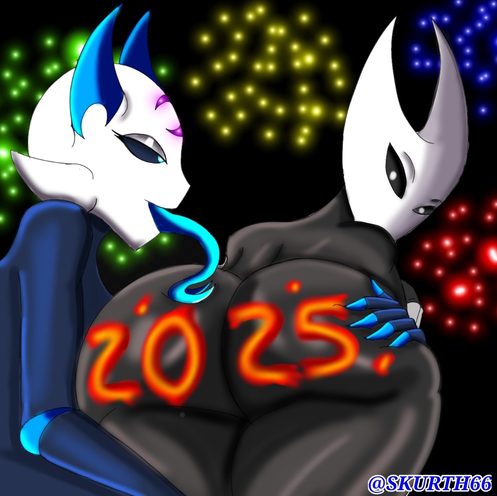 2025 2girls big_ass big_butt black_body blue_skin hollow_knight hornet_(hollow_knight) licking_ass luna_(skur) new_year painted_butt skurth66