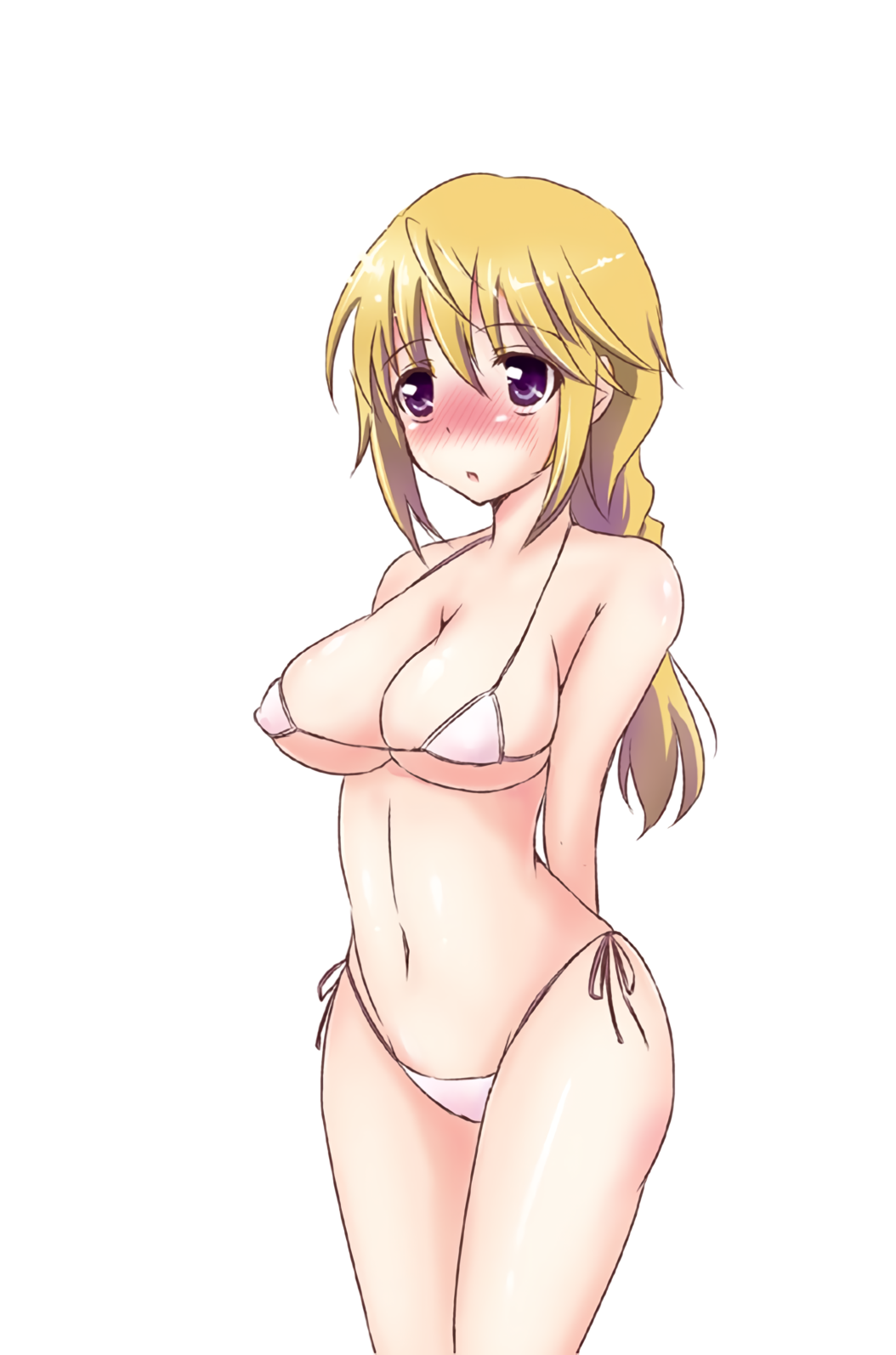 1girls arms_behind_back big_breasts blonde_hair blush busty charlotte_dunois cleavage female female_only hair_ribbon hi_res highres infinite_stratos legs looking_at_viewer low_ponytail navel open_mouth pose posing purple_eyes solo thighs thong_bikini voluptuous white_bikini