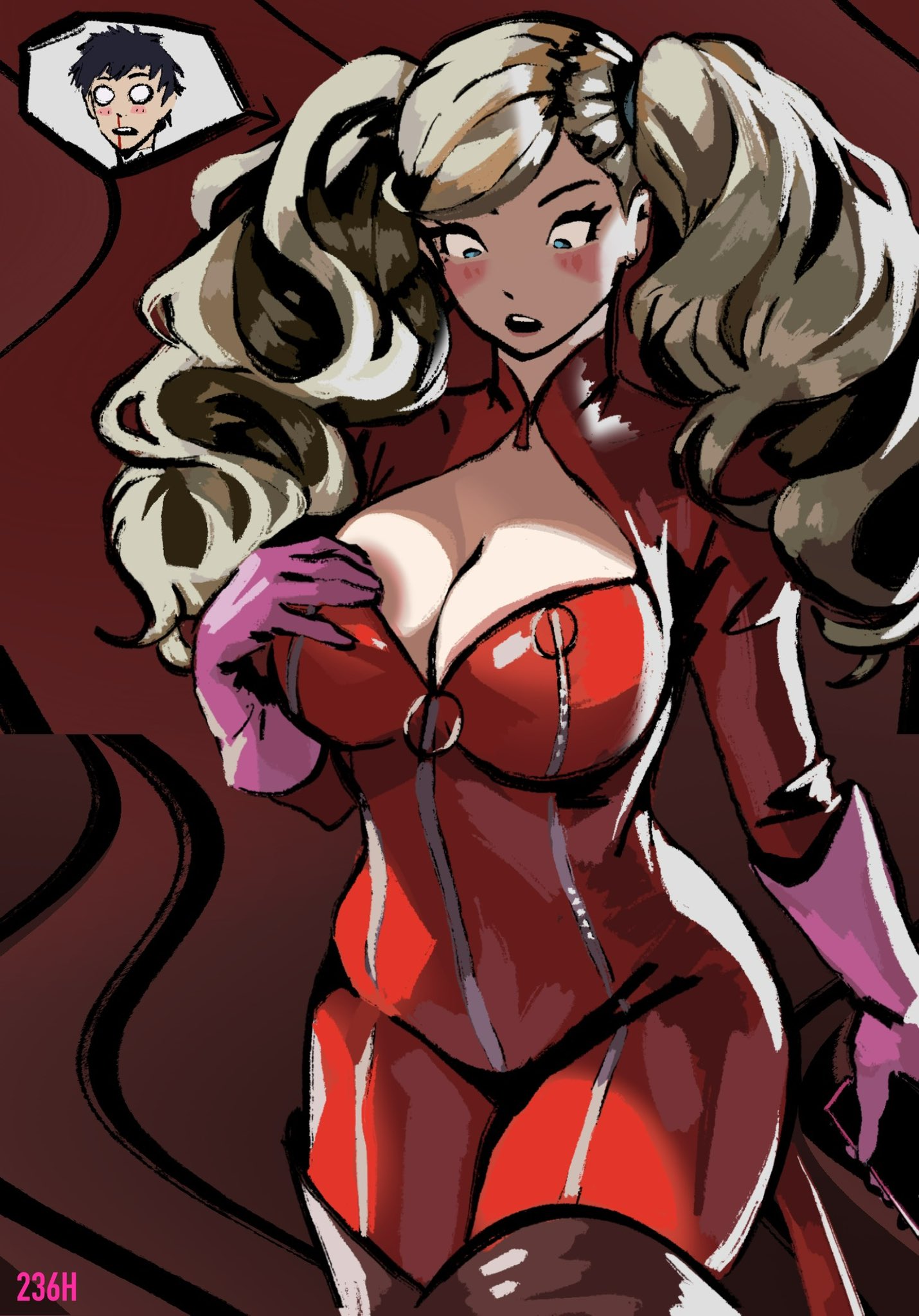 ann_takamaki artist_request blonde_hair blue_eyes blush bodysuit bodyswap breast_awe catsuit child_bearing_hips cleavage cleavage_cutout genderswap_(mtf) hourglass_figure large_breasts nosebleed pale_skin persona persona_5 phone phone_screen pink_gloves possessed possession red_clothing tail twintails whip wide_hips yuuki_mishima