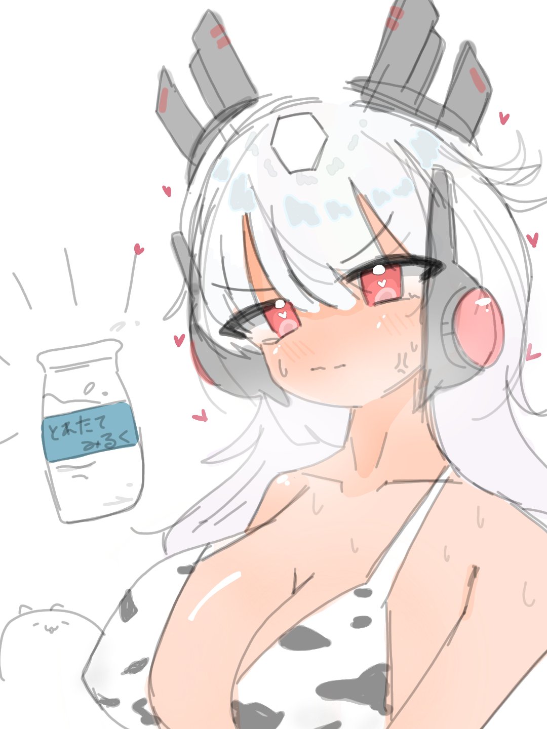 1girls anger_vein angry artist_request bikini blush bovine breasts cat_(battle_cats) collarbone color cowprint digital_media_(artwork) earpiece galaxy_gals hair_ornament heart heart-shaped_pupils hot jar lactation large_breasts light_skin long_hair looking_at_viewer milk milk_jar nipple_bulge nyanko_daisensou pegasa_(battle_cats) pink_eyes shoulders sweat teenager the_battle_cats white_hair