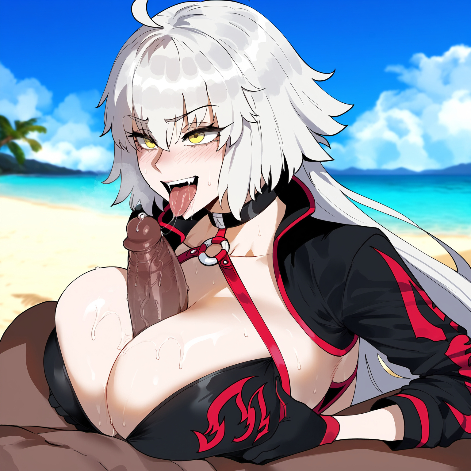 1girls, ai generated, creamy ai, dark skin, dark-skinned male, fate (series), fate/grand order, female, jeanne alter, light skin, light-skinned female, male, tagme, white hair