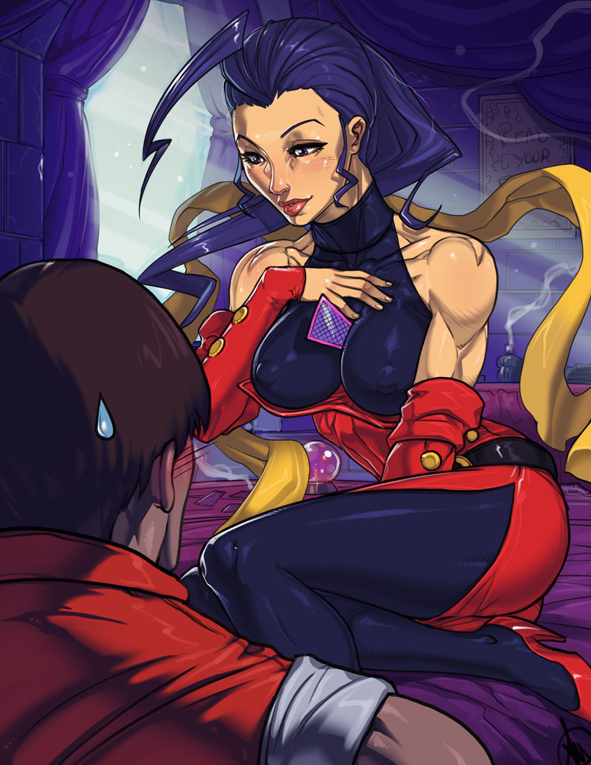 1boy 1girls 2d bare_shoulders biceps big_breasts bodysuit breasts brown_hair capcom card dress erect_nipples female female_focus final_fight ganassa guy_(final_fight) high_heels long_hair makeup male ninja nipple_bulge purple_hair rose_(street_fighter) seductive seductive_eyes seductive_look shinobi short_hair street_fighter street_fighter_alpha tagme tarot tarot_card toned toned_female