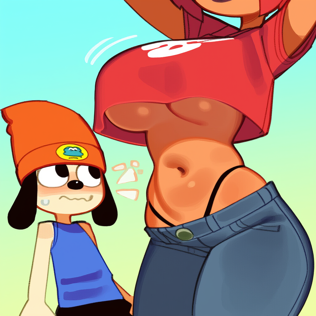 1boy 1girls ai_generated anthro beanie beanie_hat breasts canine canine_humanoid cleavage closed_eyes female female_focus furry lamb lammy_lamb large_breasts male orange_fur parappa parappa_the_rapper praying red_hair sheep sheep_girl sony sony_corporation sony_interactive_entertainment thong um_jammer_lammy underboob