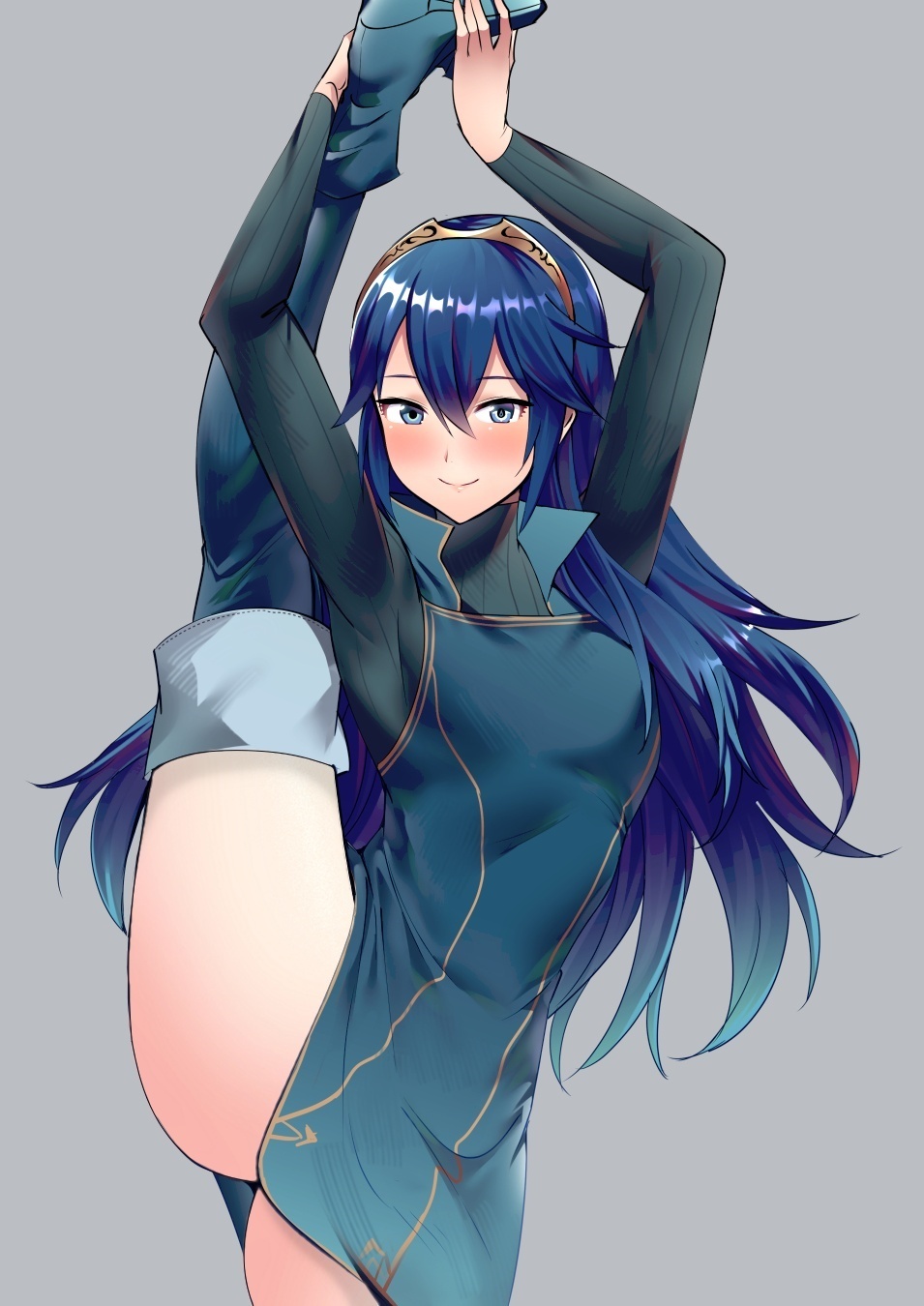 1girls ameno_(a_meno0) bare_thighs blush blushing edit fire_emblem fire_emblem_awakening fully_clothed looking_at_viewer lucina_(fire_emblem) nintendo one_leg_up smile splits standing stretching thighs unrealityedits vertical_splits