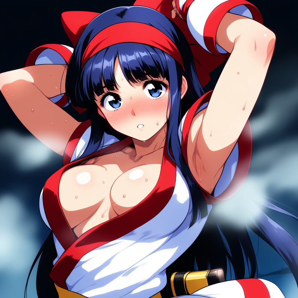 1girls ainu_clothes armpits arms_behind_head big_breasts blue_eyes blue_hair blush breasts busty cleavage female female_only fingerless_gloves fingers gloves hair_ribbon hi_res king_of_fighters large_breasts long_hair looking_at_viewer nakoruru no_bra parted_lips pose posing samurai_shodown sensual sexy_armpits snk sweat voluptuous weapon