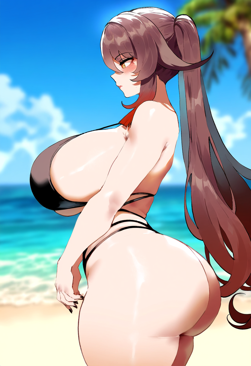 ai_generated ass ass_focus beach big_ass big_breasts big_butt big_thighs bikini dijiai fat_ass focus from_front_position from_side front_view genshin_impact hourglass_figure hu_tao_(genshin_impact) looking_at_viewer nsfw ocean round_ass round_butt thick thick_ass thick_butt thick_legs thick_thighs thighs wide_hips