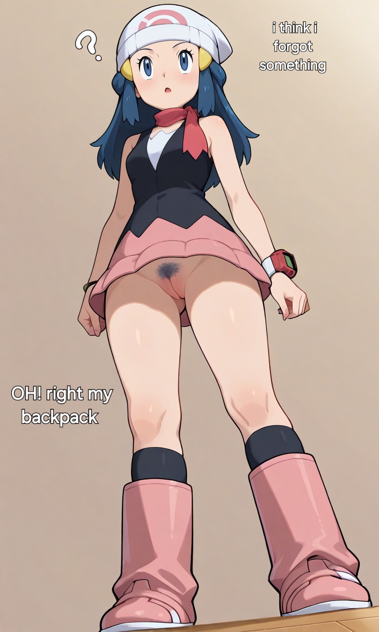 ai_generated below blue_eyes blue_hair confused_expression dawn_(pokemon) flat_stomach forgot_panties innie_pussy lonelylady no_panties pokemon pokemon_dppt pokemon_trainer pubic_hair simple_background slim_waist solo