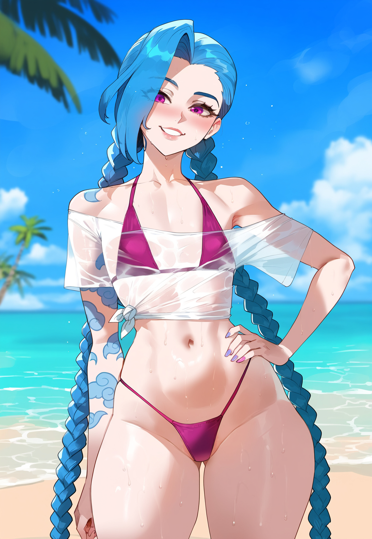 1girls, ai generated, arcane, arcane jinx, bangs, blue hair, blush, creamy ai, female, female focus, jinx (league of legends), league of legends, light skin, light-skinned female, long hair, looking at viewer, smiling at viewer, solo, tagme, thick thighs, twin braids, twintails, wide hips