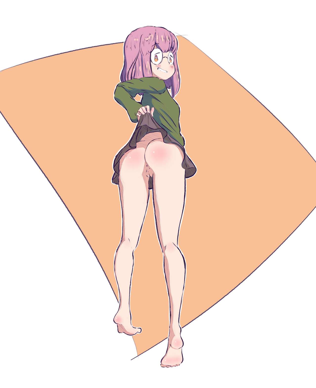 anus blush butt_crack female flat_ass glasses green_shirt insecure nervous_smile no_panties no_shoes no_socks pink_hair pussy red_markings skinny skirt_lift young