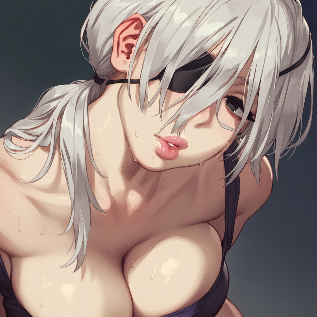 ai_generated breasts chainsaw_man cleavage eye_patch looking_at_viewer male_pov medium_hair quanxi_(chainsaw_man) sweatdrop white_hair