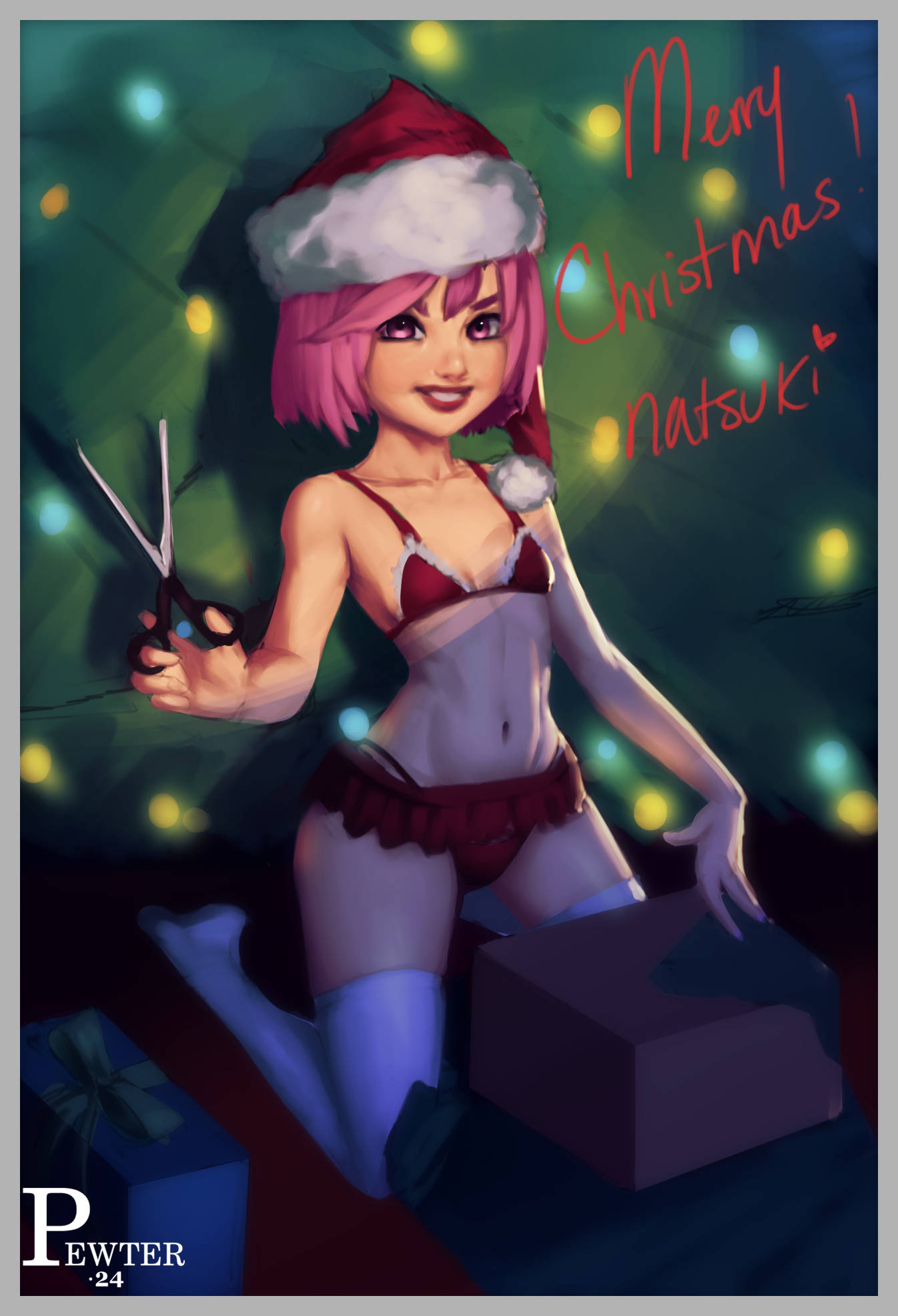 '24 1female 1girls 2024 5_fingers artist_name christmas dated doki_doki_literature_club holidays natsuki_(doki_doki_literature_club) navel pewter-boi pink_eyes pink_hair scissors