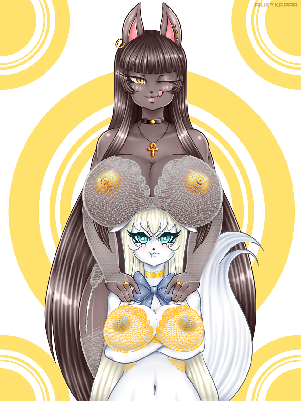 2girls anthro anubian_jackal big_breasts blue_eyes breasts breasts_on_head female_only gold_nipples golden_nipples huge_breasts lhara_aaruna lingerie multiple_girls pouting razplus rhaja_aaruna riukykappa seductive seductive_look seductive_smile see-through_clothing size_difference wink yellow_eyes