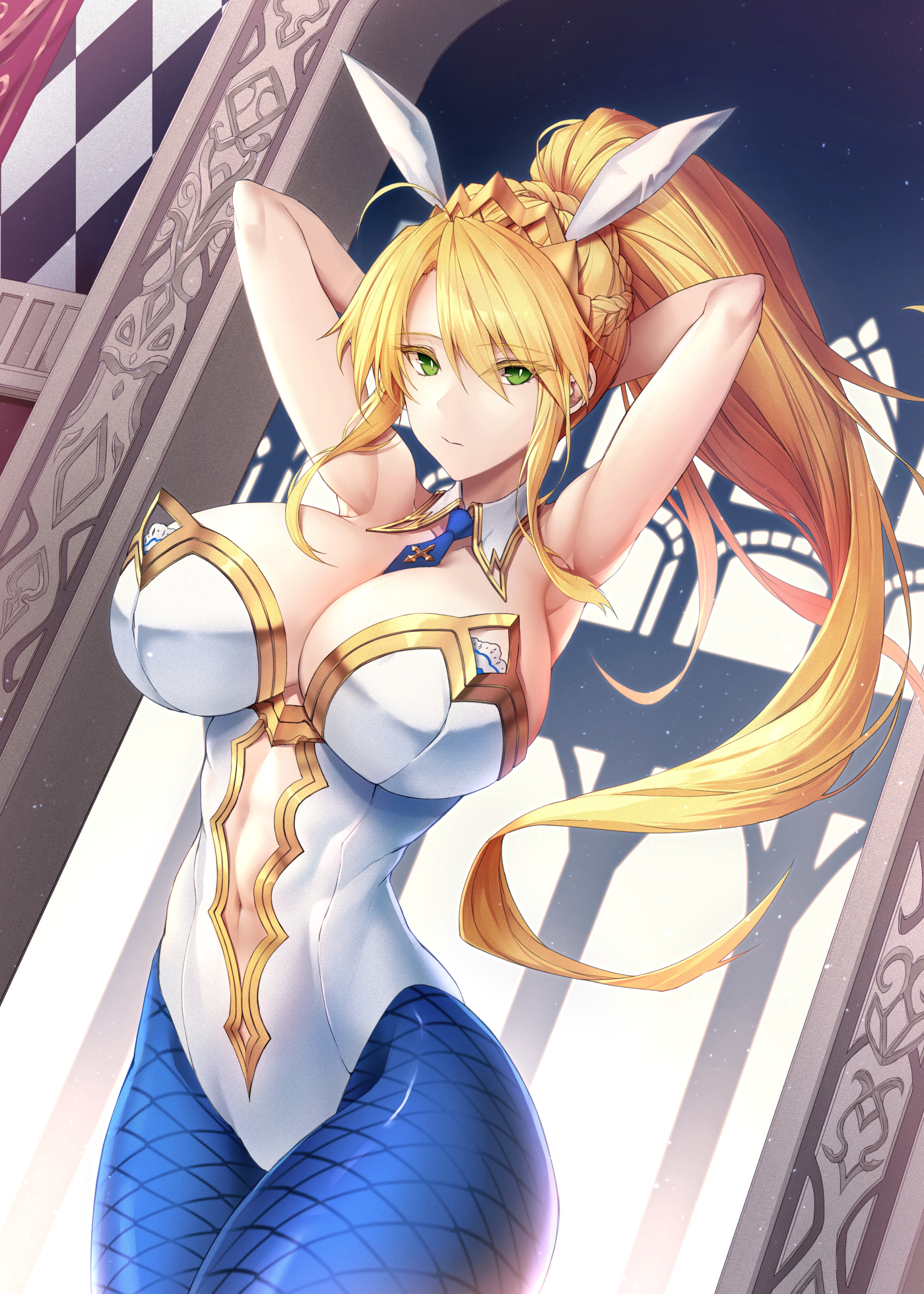 1girls, armor, arms behind head, artoria pendragon, artoria pendragon (lancer), belly, blonde hair, bunny ears, bunnysuit, fate (series), female, green eyes, limesaurus, midriff, solo, tight clothing