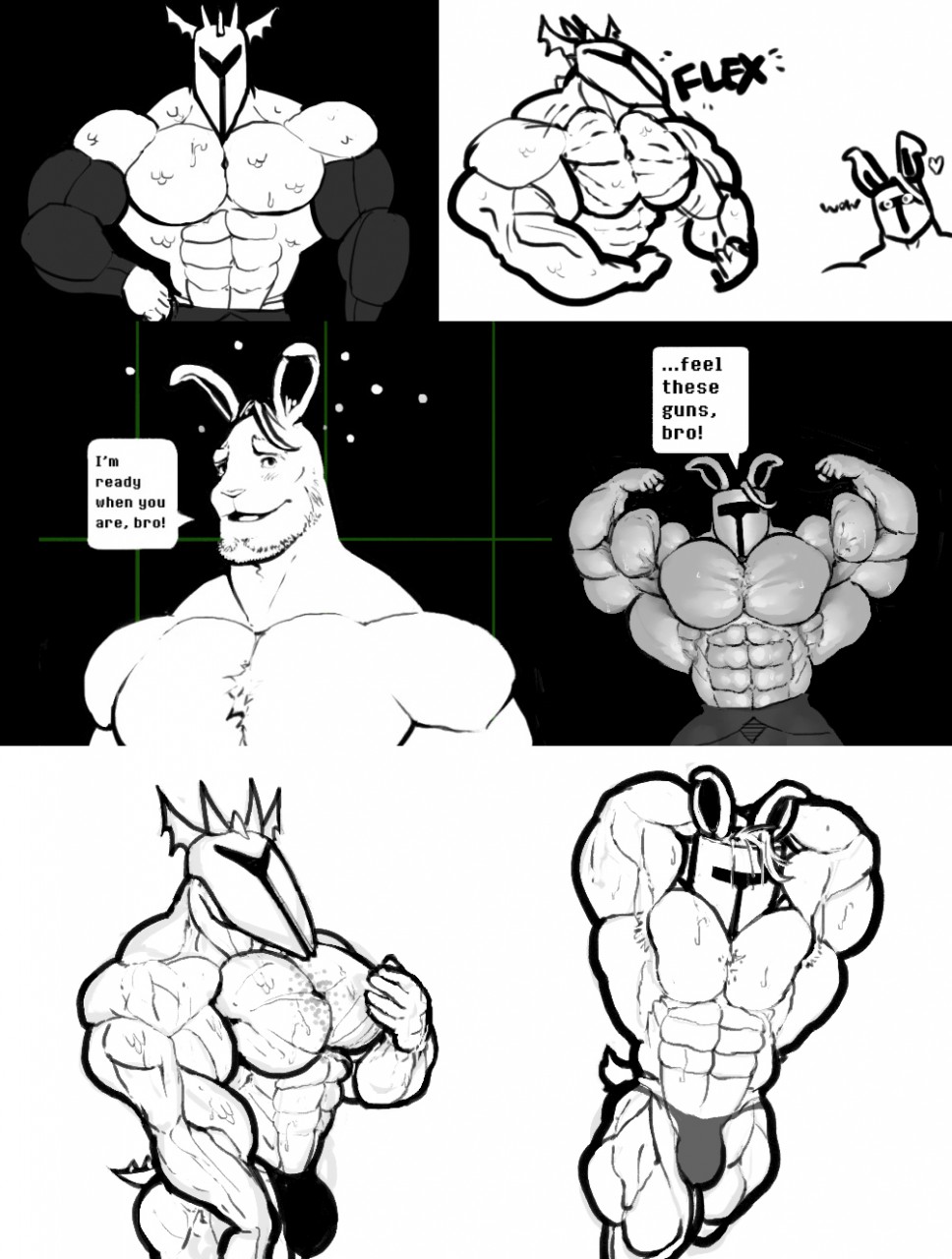 abs armor biceps big_muscles big_pecs bulge bunny bunny_ears dragon flaccid flexing gay helmet hyper hyper_muscle hyper_muscles male/male male_only monochrome muscle muscles muscular muscular_arms muscular_legs muscular_male muscular_male_only muscular_males pecs pectorals rabbit rg01 rg01_(undertale) rg02 rg02_(undertale) ripped-saurian royal_guard_(undertale) scales sweat sweaty thong triceps undertale