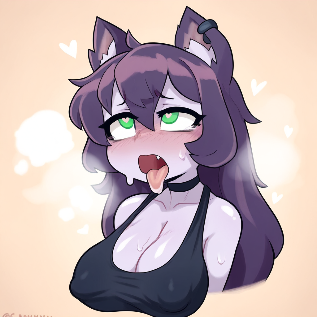 1girls ahe_gao ahe_gao ai_generated altra_x big_breasts cat_ears choker fangs green_eyes heart heart-shaped_pupils league_of_legends long_hair lulu_the_fae_sorceress nipple_bulge purple_hair riot_games saliva saliva_on_tongue solo steaming_body sweat tank_top tears tongue_out