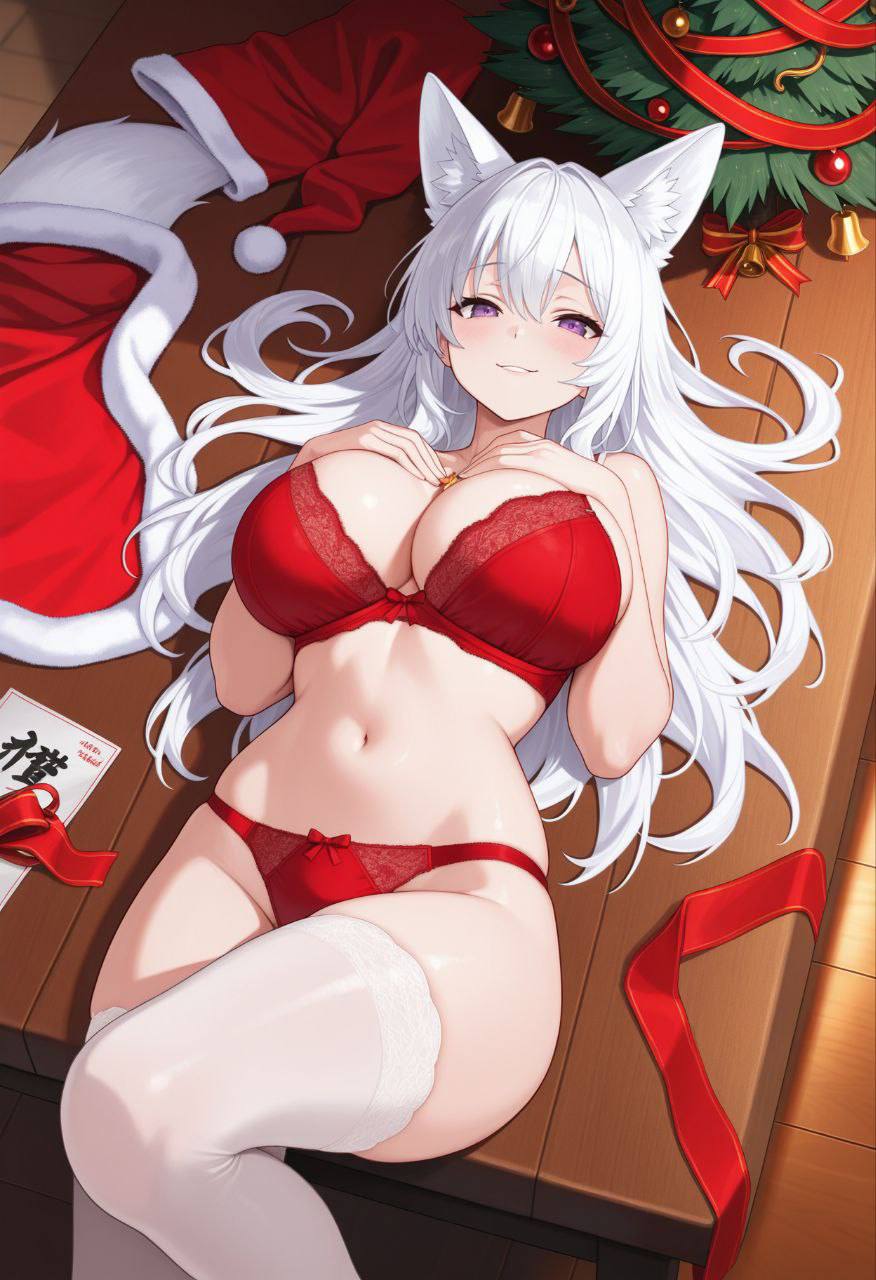 ai_generated big_breasts big_breasts breasts breasts cat_ears chinese_text christina_sherman christmas christmas_hat christmas_tree eyes hands_on_breasts kristina_sherman laying_on_table looking_at_viewer purple red_bra red_panties ribbons smiley_face trixie_vox virtual_youtuber vtuber white_hair white_stockings