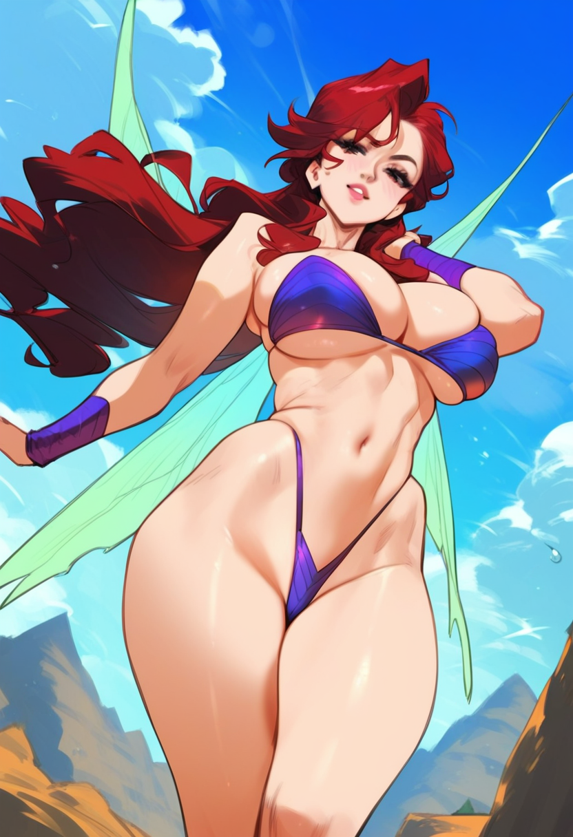 2d ai_generated big_breasts bikini cotton_(game) fairy fairy_wings female female_focus female_only highleg long_hair red_hair silk_(cotton) solo solo_female solo_focus tagme wings