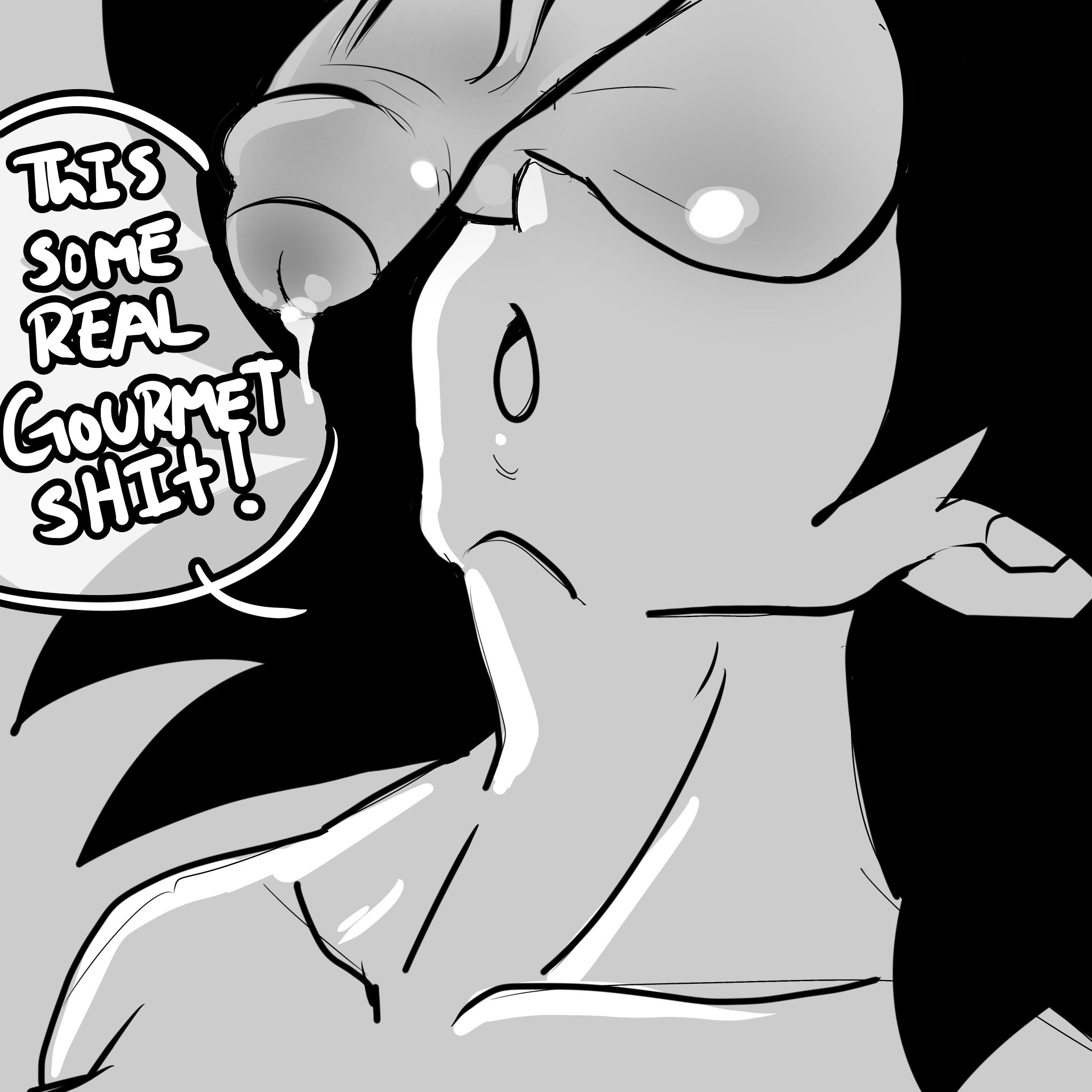 2d, 2d (artwork), balls, balls on face, black hair, caulifla, dialogue, dragon ball, dragon ball super, faceless male, female, female saiyan, foreskin, interspecies, male, monochrome, penis, penis awe, penis worship, precum, pseudocel, saiyan, text, uncircumcised, uncut, universe 6 saiyan/universe 7 saiyan, universe 6/universe 7