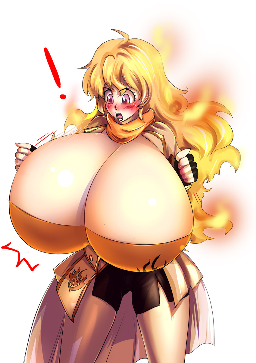 ! 1girls bakki belt big_breasts bike_shorts blush breast_expansion breasts breasts_bigger_than_head cleavage clenched_hands female female_only fingerless_gloves gigantic_breasts gloves hi_res highres huge_breasts long_hair midriff navel pink_eyes rwby shiny shiny_skin shirt solo surprised yang_xiao_long