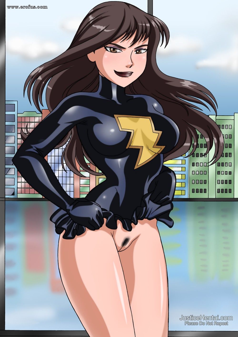 black_lipstick black_mary black_skirt black_topwear breasts brown_hair dark_mary_marvel_(character) dc dc_comics erofus female female_focus female_only hairy_pussy justicehentai.com lightning_bolt_symbol long_hair mary_batson mary_marvel microskirt pubic_hair pussy shazam_(series) skintight_suit skirt skirt_lift solo topwear vagina