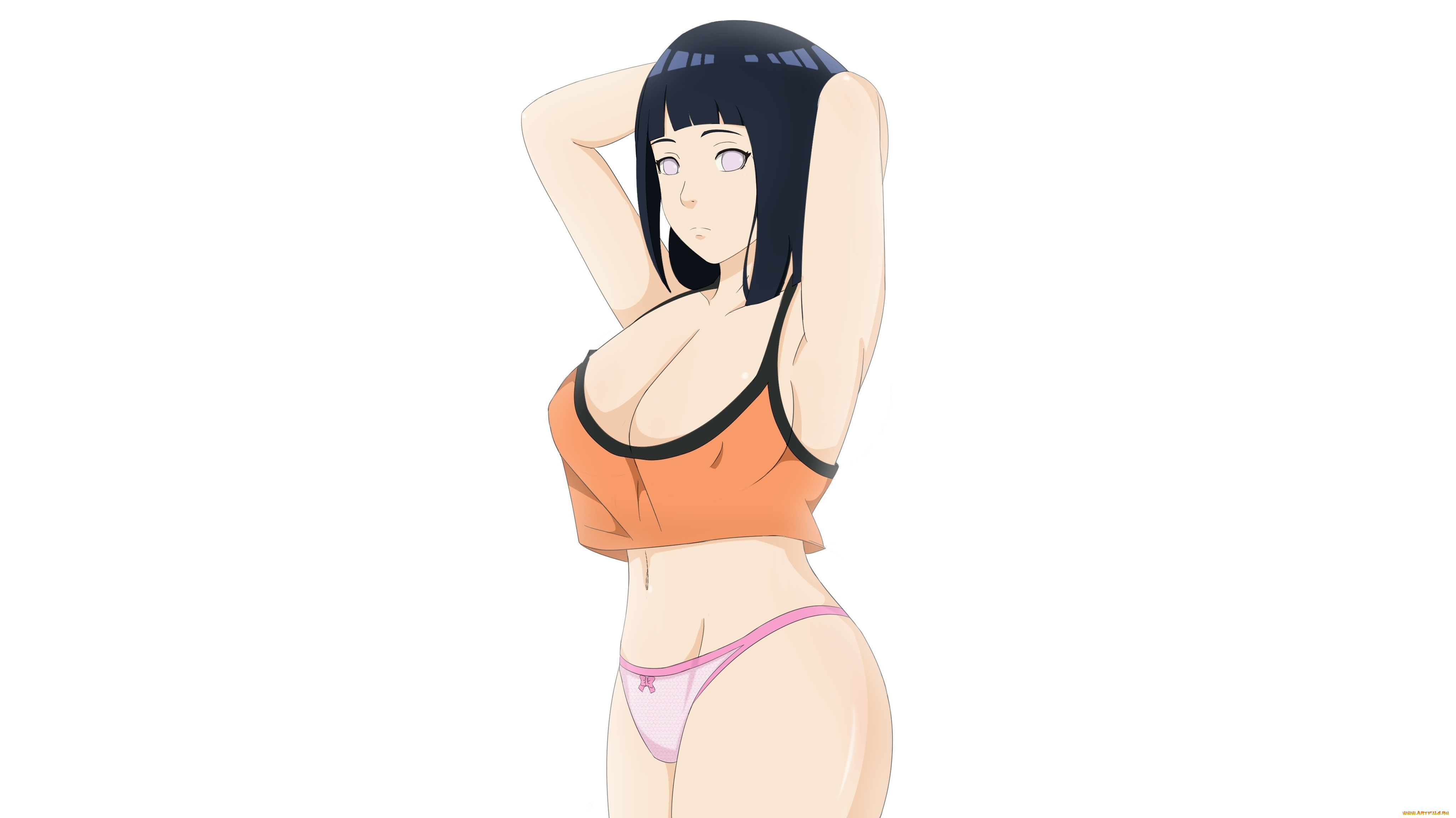 1girls, arms behind head, big breasts, blue hair, boruto, boruto: naruto next generations, bow panties, breasts, female, highres, huge breasts, hyuuga hinata, naruto, naruto (series), panties, pink panties, side view, tank top, thick thighs, uzumaki hinata, white eyes, wide hips, zorzero