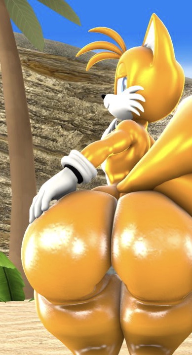 1boy, 2022, 3d, anthro, ass, big ass, big butt, blueapple, bubble ass, bubble butt, canine, cropped, cropped image, femboy, feminine tails, fox, looking at viewer, looking back, male, male only, solo, sonic (series), tail, tails, tails the fox, thick ass, thick thighs