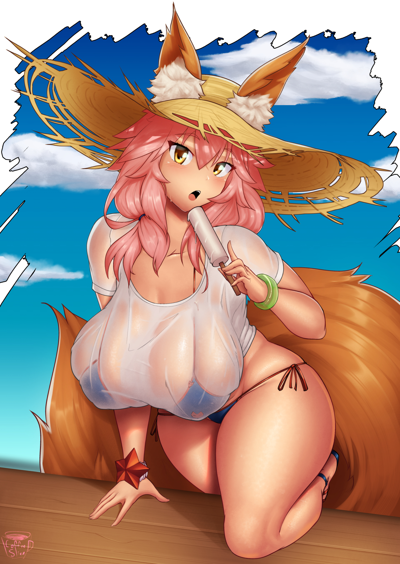 1girls, big breasts, bikini, breasts, cleavage, coffeeslice, fate (series), fate/grand order, female, female only, huge breasts, large breasts, looking at viewer, tamamo no mae (fate), thick thighs, wet shirt, wide hips