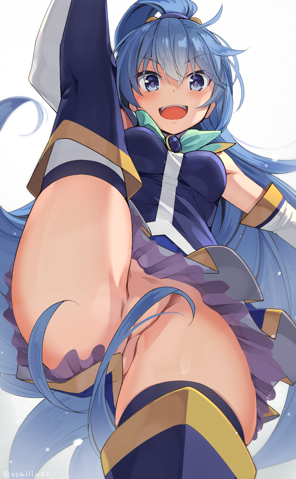 :d aqua_(konosuba) aqua_neckwear bare_shoulders blue_eyes blue_footwear blue_hair blue_vest blush boots breasts convenient_censoring elbow_gloves female from_below gloves hair_censor hair_rings highres kono_subarashii_sekai_ni_shukufuku_wo! layered_skirt leg_up long_hair looking_at_viewer looking_down medium_breasts no_panties open_mouth osa_(osaosa) partially_visible_vulva purple_skirt see-through simple_background skirt smile solo splits standing standing_on_one_leg thigh_boots thighhighs thighhighs_under_boots thighs vertical_splits very_long_hair vest white_background white_gloves white_legwear