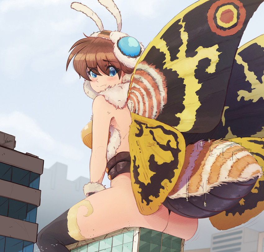 1girls big_breasts black_legwear blue_eyes blush brown_hair building confused dat_ass giantess gloves godzilla_(series) kaiju kaiju_girl kaiju_girls_(webcomic) monster monster_girl moth mothra mothra_(series) multicolored_wings ncmares partially_clothed raps solo tagme wings