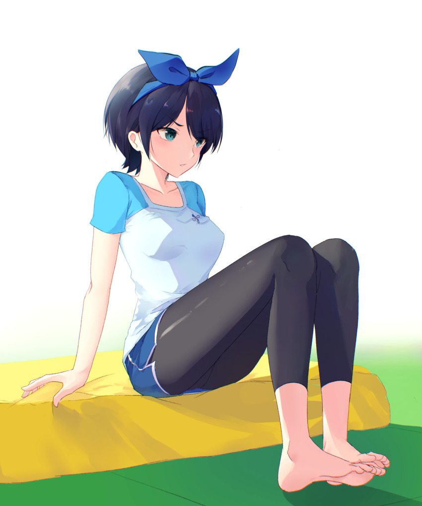 1girls, barefoot, feet, female, gym clothes, gym shorts, headband, kanojo okarishimasu, leggings, sarashina ruka, short hair, shorts, solo, sportswear