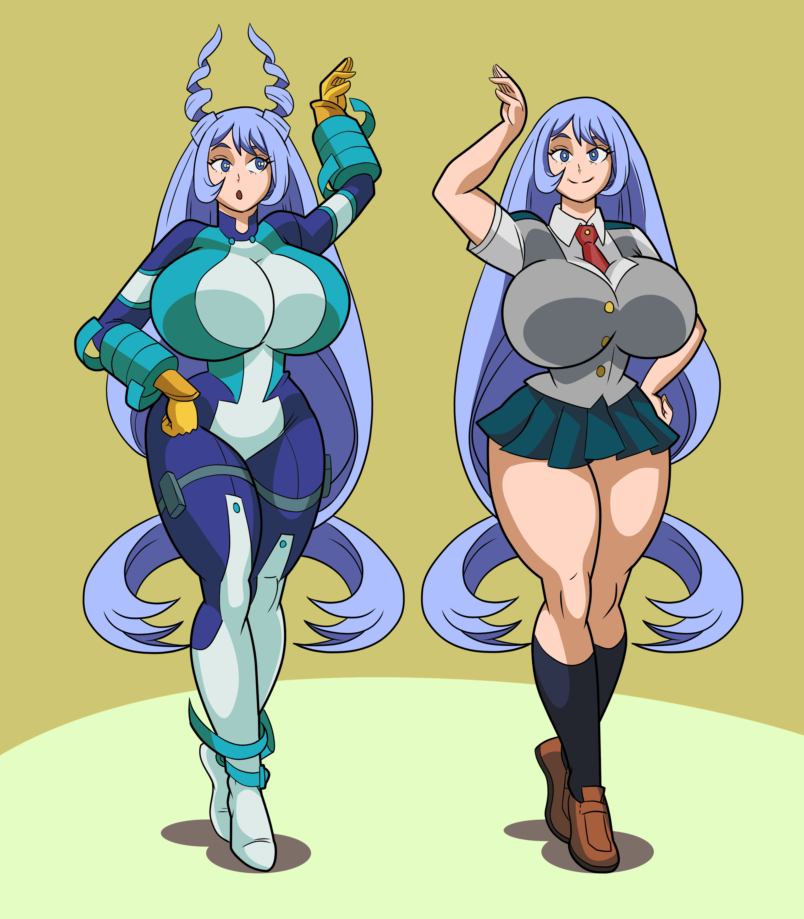 art-2u, big breasts, blue eyes, blue hair, breasts, curvaceous, curvy, female, female superhero, hadou nejire, hadou nejire (hero outfit), hero outfit (mha), long hair, my hero academia, nejire hado, nejire hado (hero outfit), school uniform, schoolgirl, smile, superheroine, u.a. school uniform