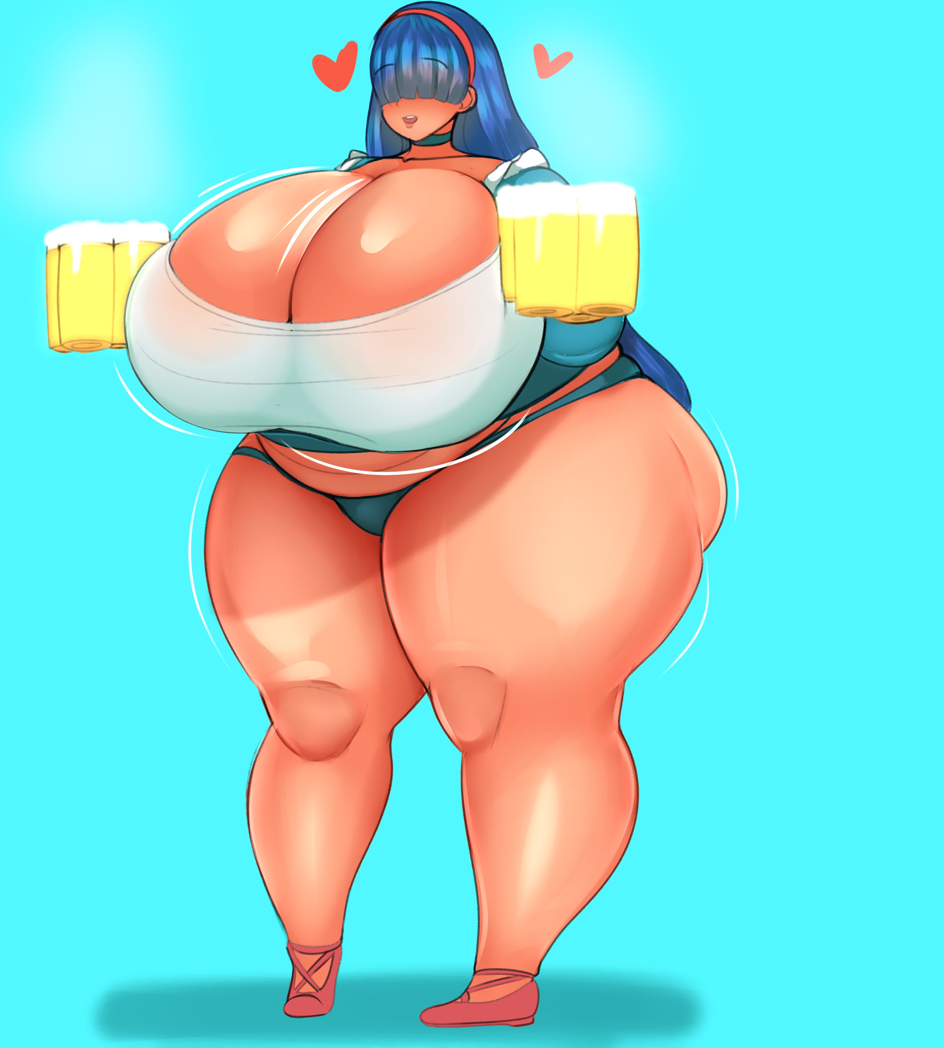 1girls, absurdres, ass, breasts, cleavage, fat ass, female, female only, fladdykin, hair over eyes, hearts, highres, huge ass, huge breasts, huge thighs, hyper breasts, solo, thick thighs, wide hips