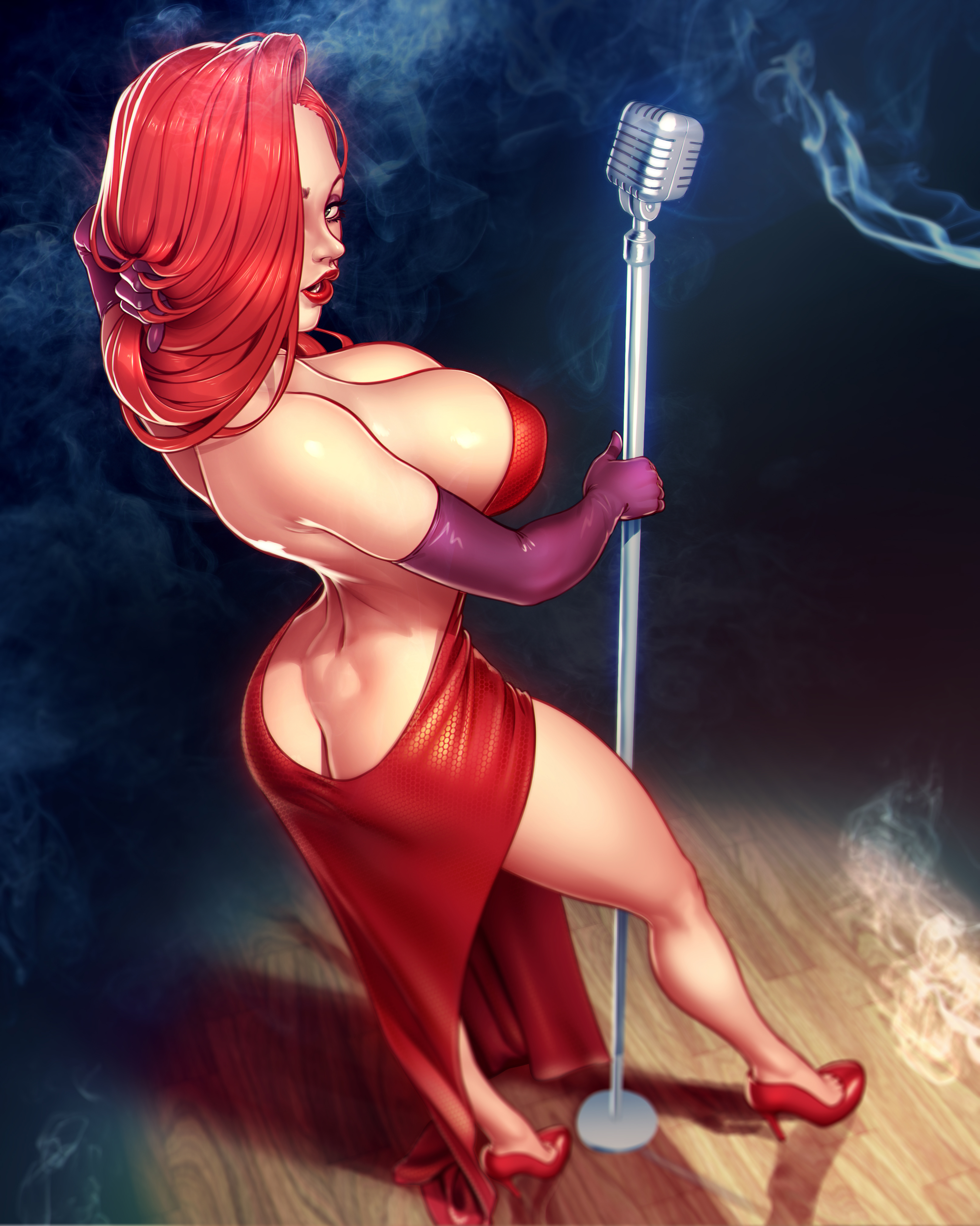 1girls, ass, breasts, disney, dress, female, full body, hair over one eye, high heels, huge breasts, jessica rabbit, large breasts, long gloves, long hair, looking at viewer, microphone, no bra, no panties, red dress, red hair, revealing clothes, singing, solo, standing, viewed from above, voluptuous, who framed roger rabbit, xxnikichenxx