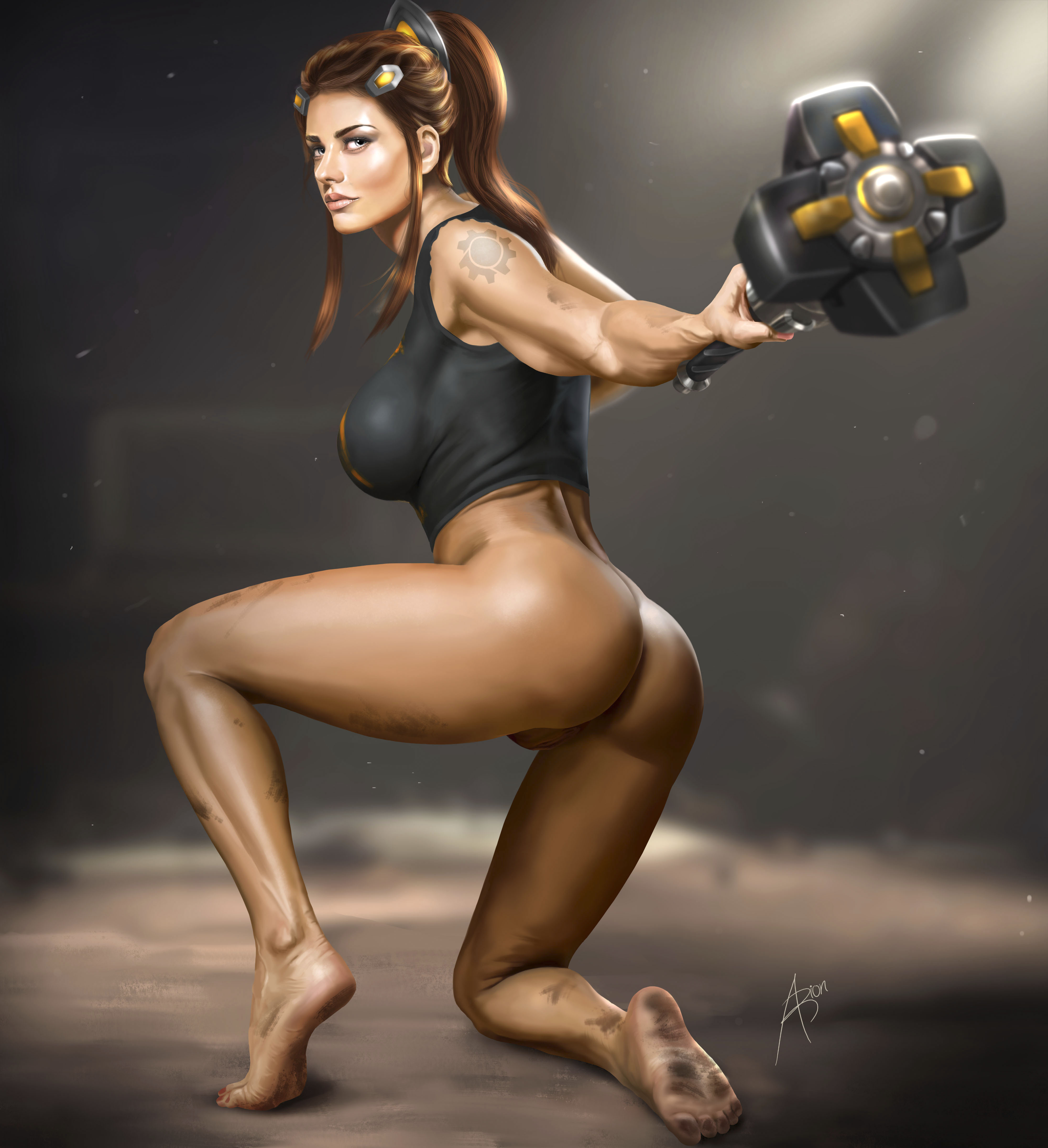 2d, arion69, barefoot, bottomless, breasts, brigitte, brown hair, dirty feet, dirty soles, feet, female, large breasts, looking at viewer, on knees, overwatch, pose, pussy, soles, tank top, tiptoes, toes, vagina