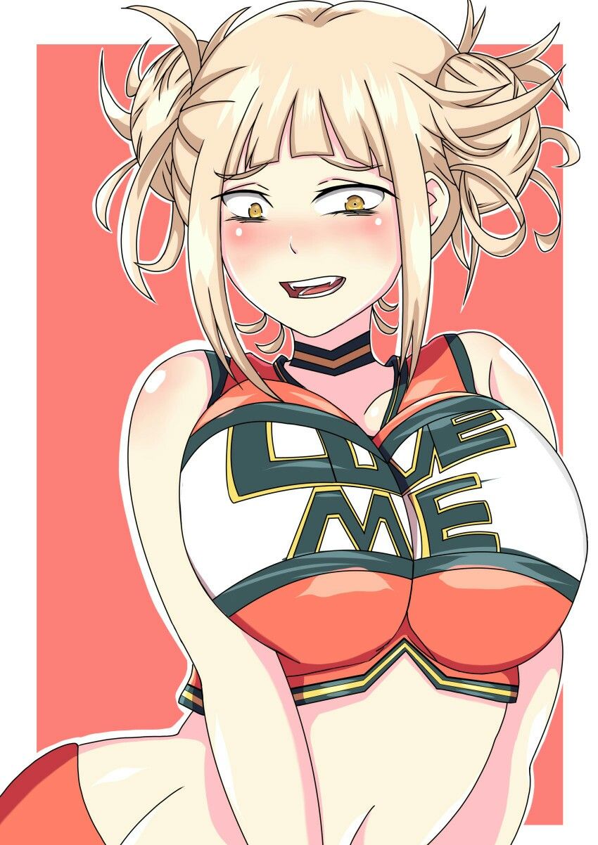 1girls big_breasts blonde_hair blush breasts cheerleader cheerleader_uniform clothing fangs female himiko_toga my_hero_academia open_mouth senak012 short_hair solo twin_buns u.a._cheerleader_outfit white_skin yellow_eyes