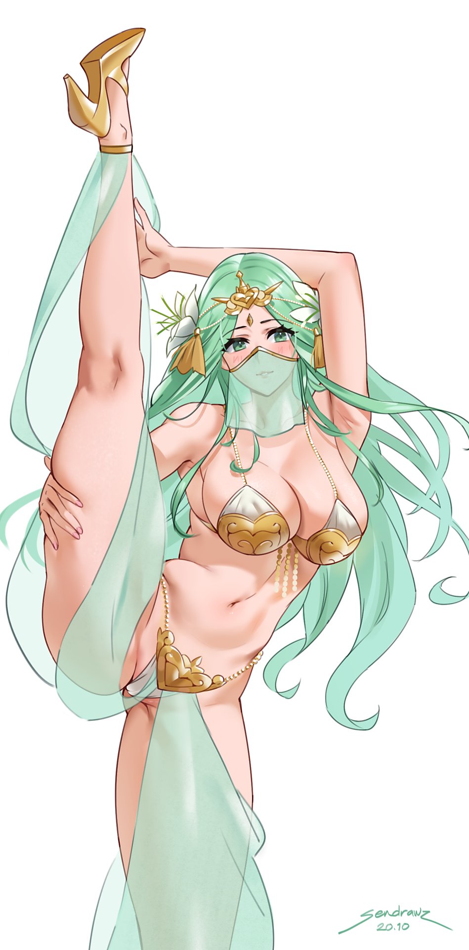 1girls arm_up armpits bangs bare_legs bare_shoulders big_breasts bikini blush breasts circlet cleavage collarbone dancer female female_only fire_emblem fire_emblem:_three_houses flower gold_(metal) gold_heels gold_jewelry gold_trim green_eyes green_hair hair_flower hair_ornament harem_outfit high_heels highres jewelry large_breasts leg_lift leg_up legs long_hair looking_at_viewer mouth_veil navel nintendo parted_bangs parted_lips rhea_(fire_emblem) see-through sendrawz sideboob simple_background smile solo splits standing standing_on_one_leg swimsuit thighs veil vertical_splits white_background white_bikini