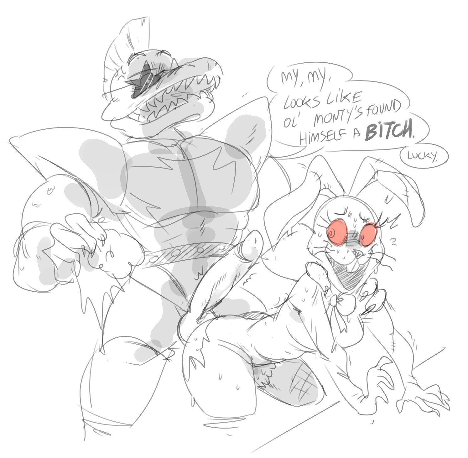 1boy, animatronic, big penis, breasts, bunny ears, bunny girl, bunnysuit, costume, drawn, female, female/male, five nights at freddy's, five nights at freddy's: security breach, human, imminent sex, male, mhdrawin, montgomery gator (fnaf), nervous, penis, robot, scared, sex, straight, vanny (fnaf)