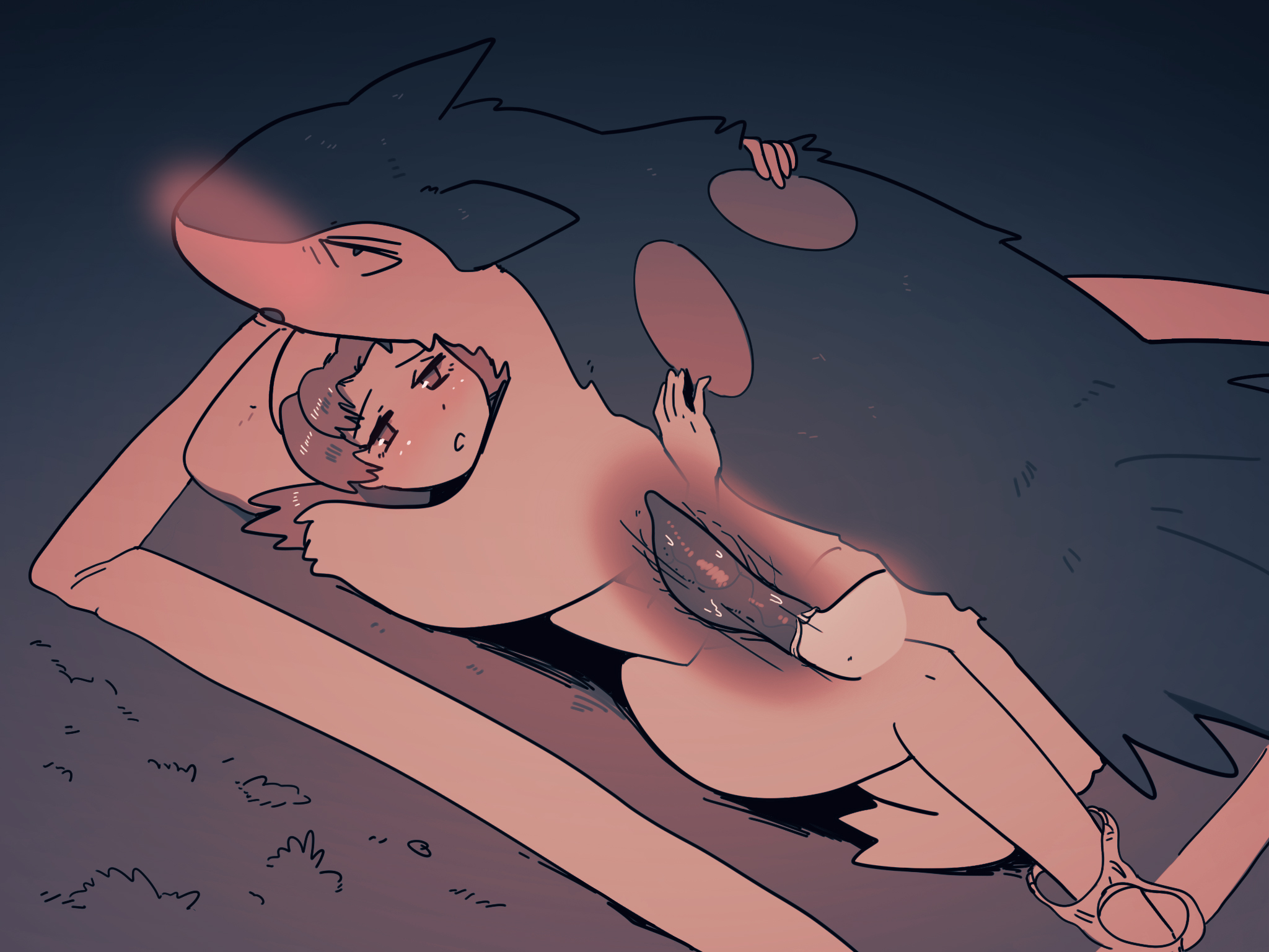 1boy, 1girls, anthro, female, human, insertion, kris (pokemon), male, male pokemon/female human, missionary, missionary position, monochrome, nintendo, pokemon, pokemon (species), pokemon gsc, pokephilia, red hair, sleeping bag, typhlosion, wolfgang bang, x-ray, year request, zoophilia