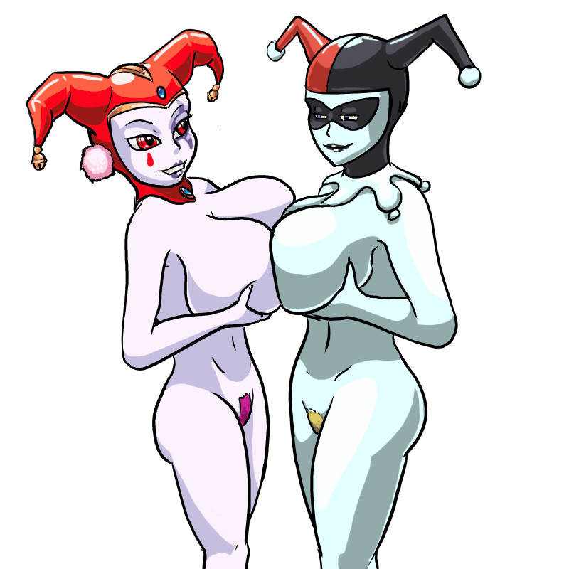 2girls batman:_the_animated_series batman_(series) big_breasts breast-to-breast breasts chrono_cross crossover dc_comics dcau female female_only harle harley_quinn harley_quinn_(classic) huge_breasts large_breasts multiple_girls nude oniontrain pale-skinned_female pale_skin pubic_hair symmetrical_docking white_background yuri