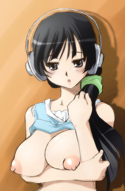 akg alternate_hairstyle black_hair breasts female female_only headphones human human_only k-on! kantori long_hair mio_akiyama_(k-on!) nipples puffy_nipples solo