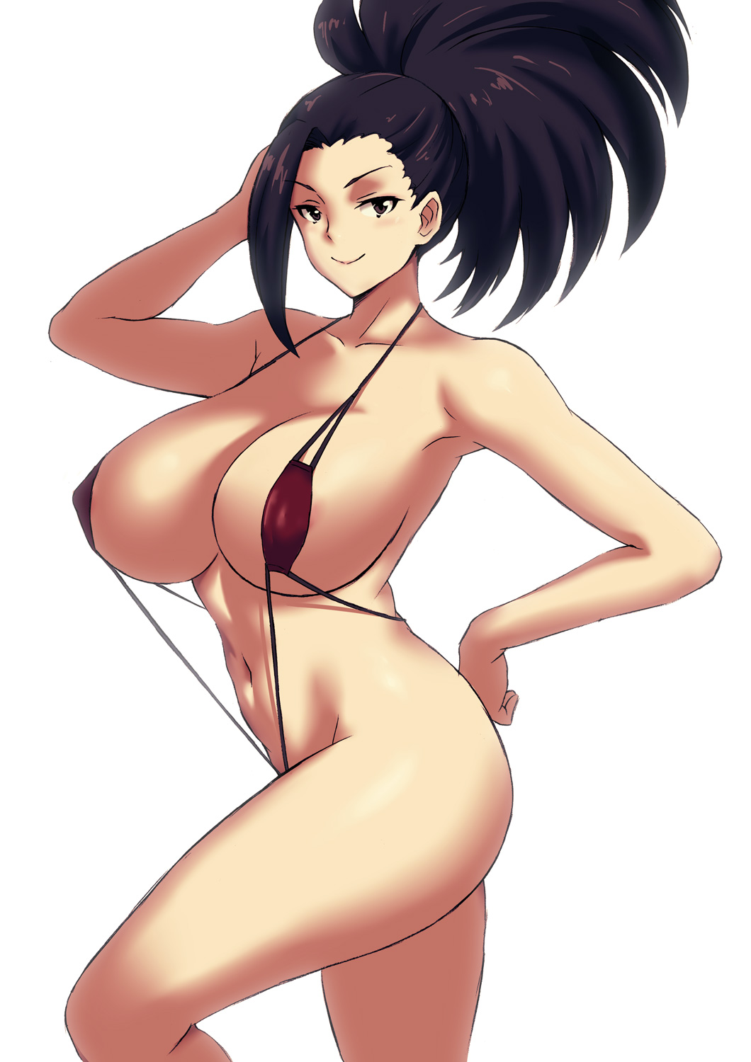 1girls, akihoyy, alternate version available, areola slip, areolae, ass, bare shoulders, big ass, big breasts, big butt, big hair, bimbo, black eyes, black hair, black-haired female, blush, breasts, busty, cleavage, clothing, collarbone, curvy, female, female focus, female only, hand on head, hand on hip, highres, hips, huge breasts, human, large breasts, long hair, looking at viewer, micro bikini, momo yaoyorozu, my hero academia, navel, one-piece swimsuit, pinup, ponytail, pose, revealing clothes, sideboob, simple background, skimpy, sling bikini, slingshot swimsuit, smile, solo, solo female, swimsuit, teenager, thighs, tied hair, underboob, voluptuous, white background